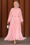 Premium Işıltılı Şifon Tesettür Elbise Pudra