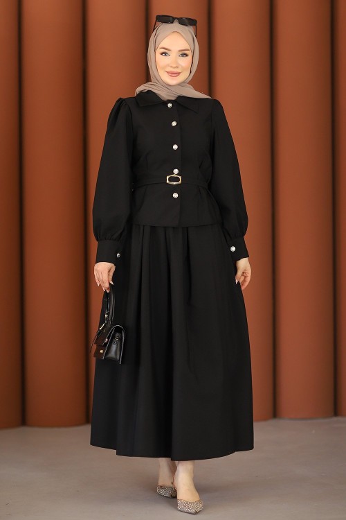 Liva Premium Tesettür Etekli Takım Siyah