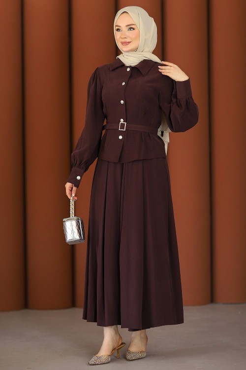 Liva Premium Tesettür Etekli Takım Mürdüm