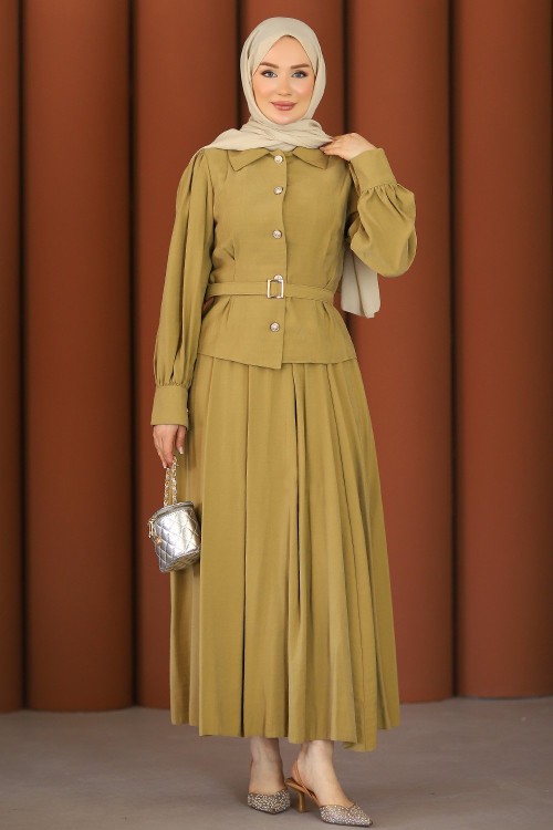Liva Premium Tesettür Etekli Takım Yeşil