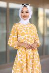 Zebra Desen Kuşaklı Tesettür Elbise Sarı