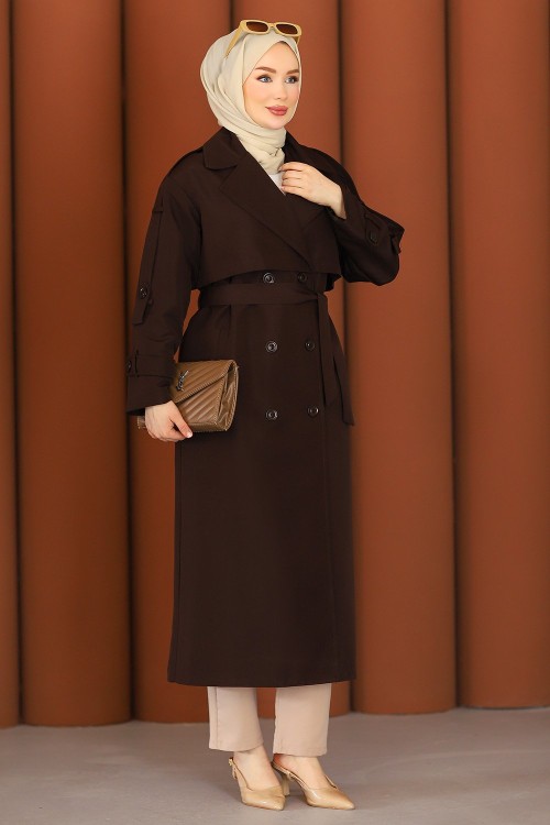 Premium Sahra Tesettür Trençkot Acı Kahve Koyu