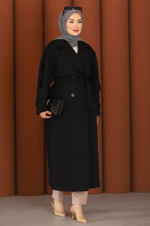 Premium Sahra Tesettür Trençkot Siyah