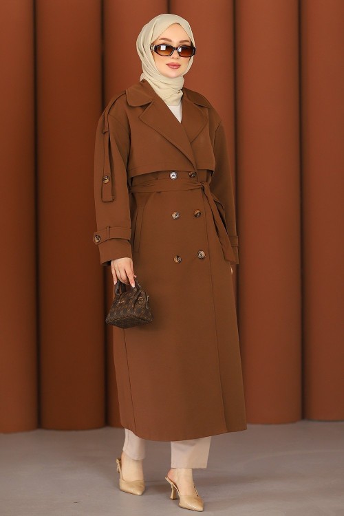 Premium Sahra Tesettür Trençkot Açık Acı Kahve