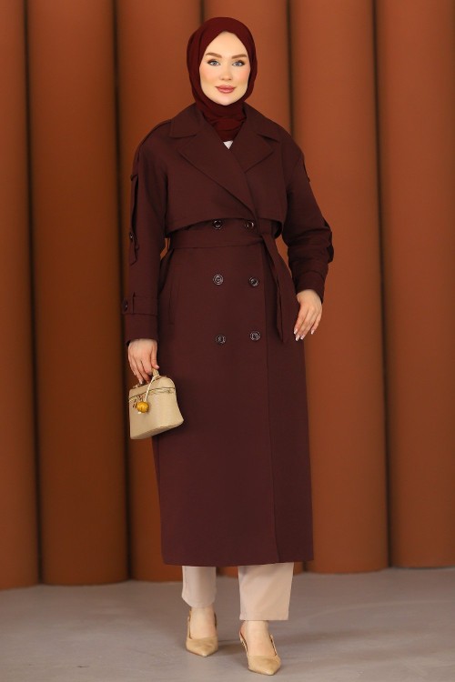 Premium Sahra Tesettür Trençkot Mürdüm