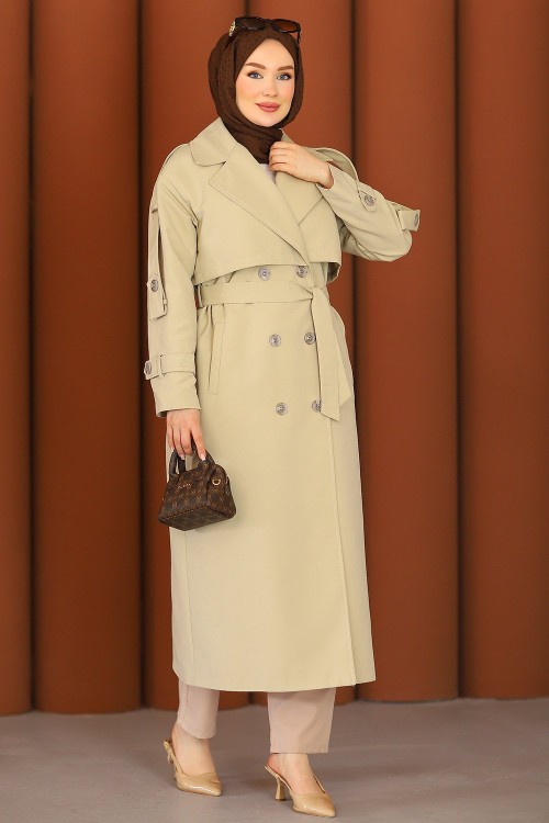 Premium Sahra Tesettür Trençkot Mint Bej