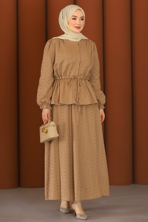 Premium Fisto Tesettür Etekli Takım Camel