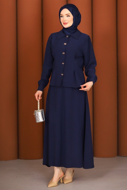 Premium Pensli Tesettür Etekli Takım Lacivert