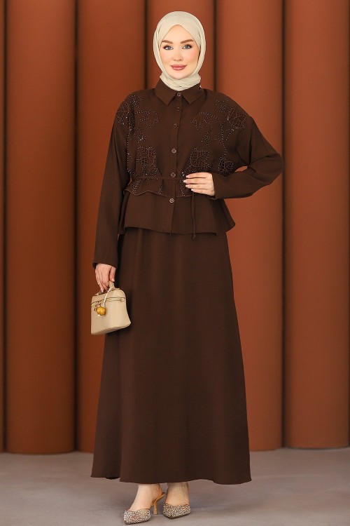 Premium Nakışlı Şık Tesettür Etekli Takım Acı Kahve