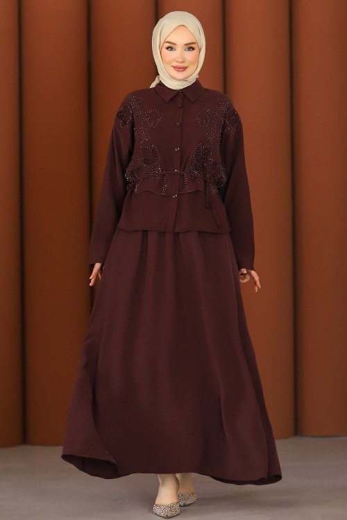 Premium Nakışlı Şık Tesettür Etekli Takım Mürdüm