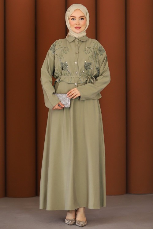 Premium Nakışlı Şık Tesettür Etekli Takım Yeşil