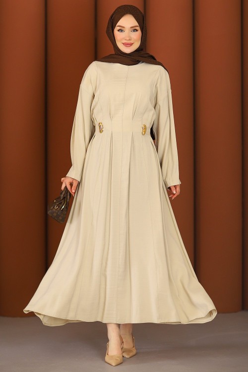 Premium Flora Tesettür Elbise Bej