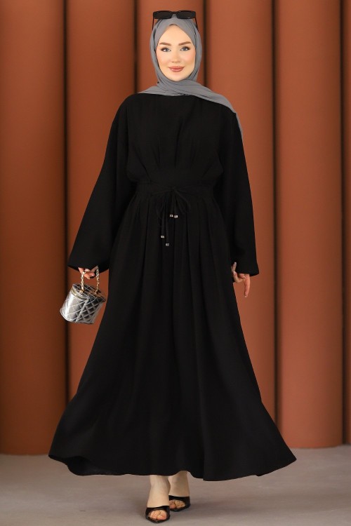 Premium Dökümlü Tesettür Elbise Siyah