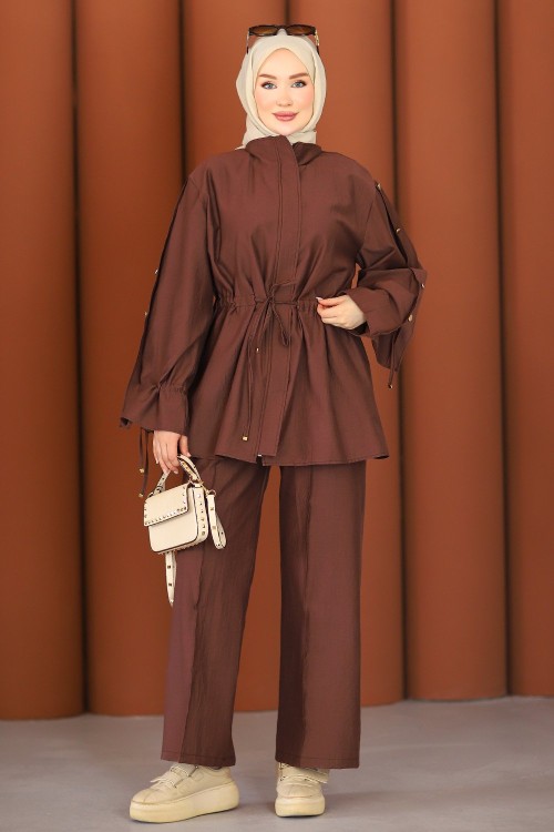 Premium Büzgü Detay Tesettür Takım Acı Kahve
