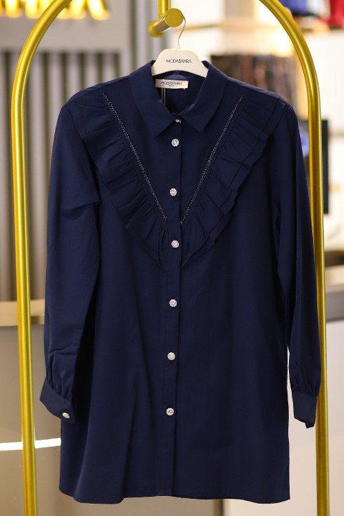 Royal Taş Şeritli Fırfır Gömlek Lacivert