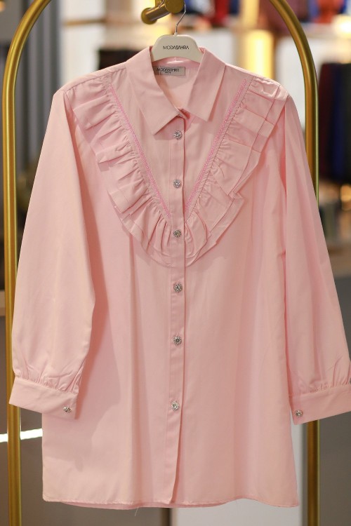 Royal Taş Şeritli Fırfır Gömlek Pudra