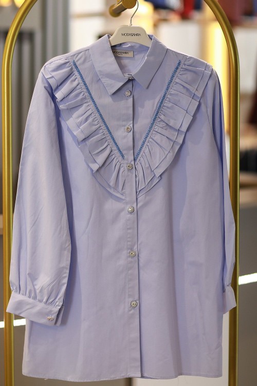 Royal Taş Şeritli Fırfır Gömlek Mavi