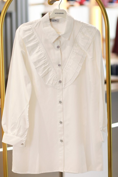 Royal Taş Şeritli Fırfır Gömlek Ekru