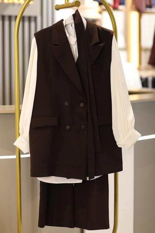 Alya Kruvaze Yelekli Tesettür Takım Acı Kahve