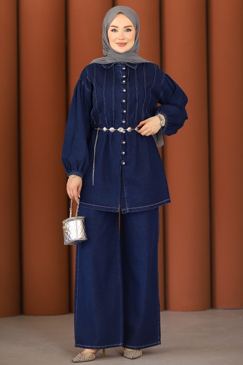 Premium Pileli Kemerli Kot Takım Koyu Lacivert