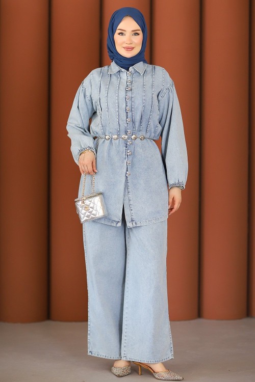 Premium Pileli Kemerli Kot Takım Kar Yıkama