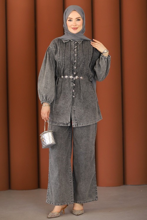 Premium Pileli Kemerli Kot Takım Gri