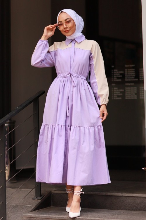 Biye Detay Tesettür Elbise Lila