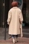 Premium Kalite Uzun Boy Kuşaklı Balon Kol Kaşe Tesettür Kaban Bej