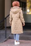 Yakası Kürklü Tesettür Mont Bej