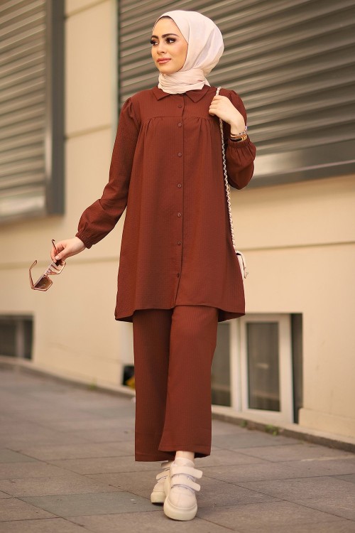Pile Tunik Tesettür Gofre Takım Kahverengi
