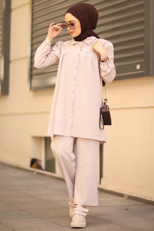 Pile Tunik Tesettür Gofre Takım Bej