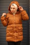 Fermuarlı Puffy Tam Dolum Tesettür Mont Koyu Taba