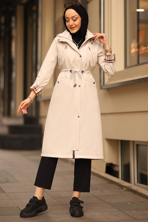 Ekoseli Tesettür Trenç Bej