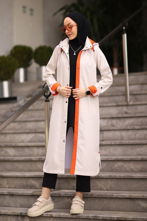 Turuncu Şeritli Tesettür Trenç Bej