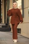 Pamuklu Kumaş İpli Gofre Tesettür Takım Acı Kahve