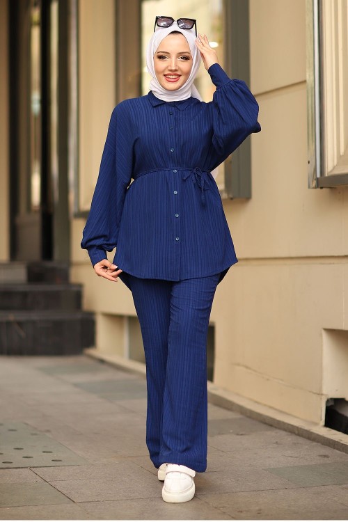 Pamuklu Kumaş İpli Gofre Tesettür Takım Lacivert