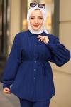 Pamuklu Kumaş İpli Gofre Tesettür Takım Lacivert