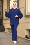 Pamuklu Kumaş İpli Gofre Tesettür Takım Lacivert