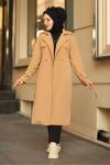 Pamuklu Gabardin Kumaş Çift Düğmeli Trençkot Camel