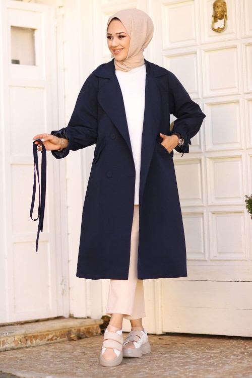 Kolları İpli Tesettür Trençkot Lacivert