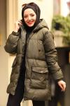 Fermuarlı Puffy Tam Dolum Tesettür Mont Haki 2