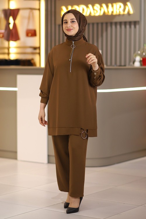 Halka Linda Fermuarlı Tesettür Takım Acı Kahve