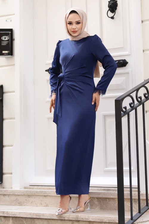 Saçaklı Tesettür Abiye Elbise Lacivert