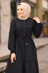 Şerit Dantelli Beli İpli Keten Tesettür Elbise Siyah