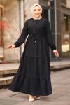 Şerit Dantelli Beli İpli Keten Tesettür Elbise Siyah