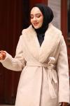 Kürk Detaylı Kaşe Tesettür Kaban Bej 2