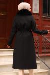 Kürk Detaylı Kaşe Tesettür Kaban Siyah 2