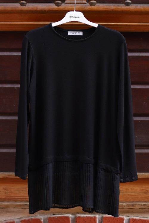 Piliseli Kollu Penye İçlik Siyah