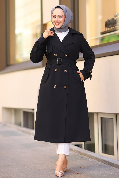 Fermuar Detay Tesettür Trençkot Siyah