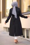 Fermuar Detay Tesettür Trençkot Siyah
